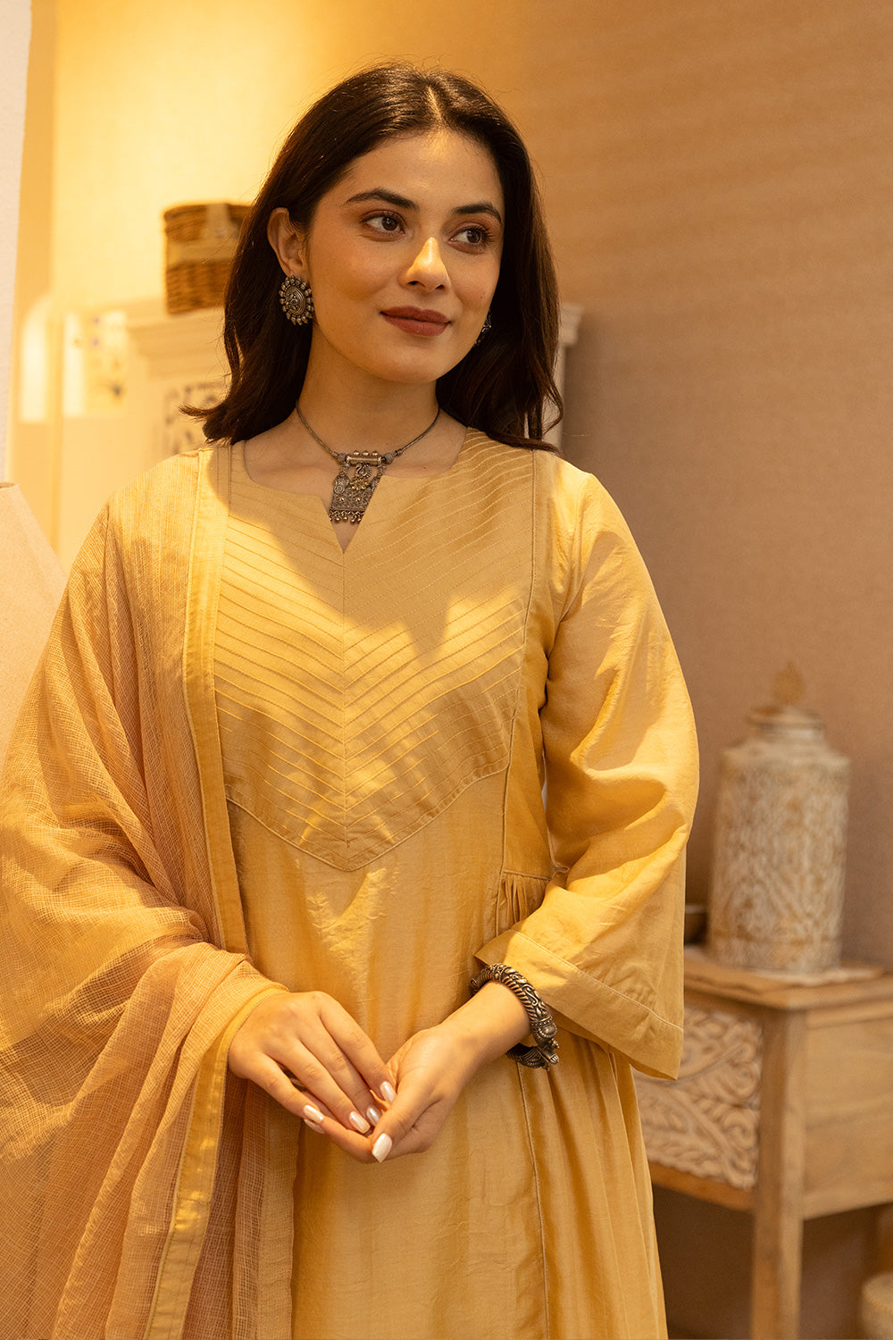 Yellow chanderi suit with doriya dupatta