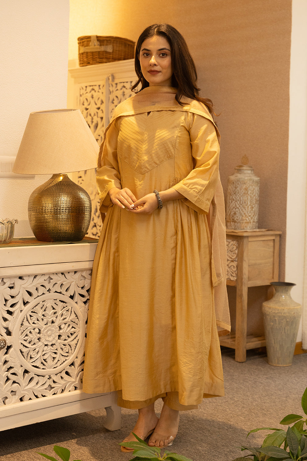 Yellow chanderi suit with doriya dupatta