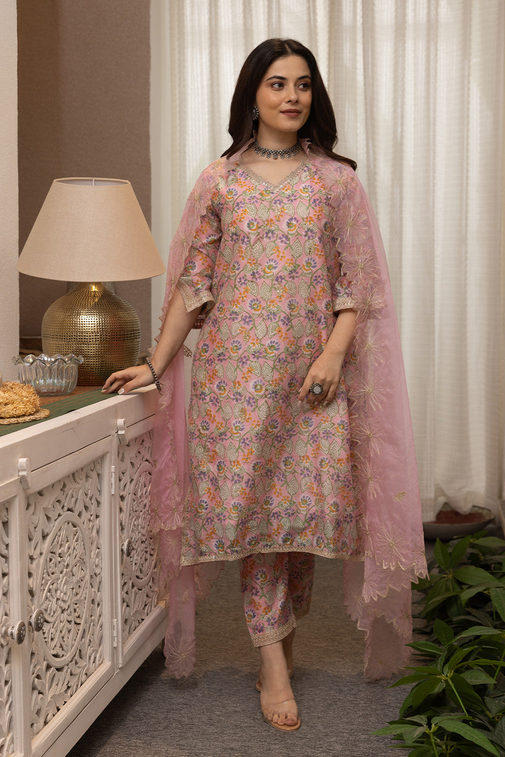 Pink handblock chanderi suit with a zari embroidered cut work organza dupatta