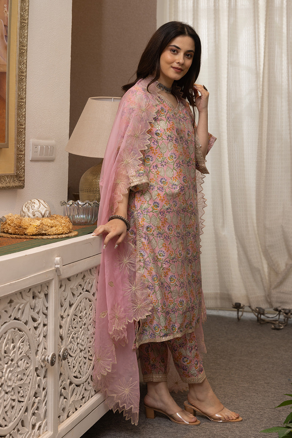 Pink handblock chanderi suit with a zari embroidered cut work organza dupatta