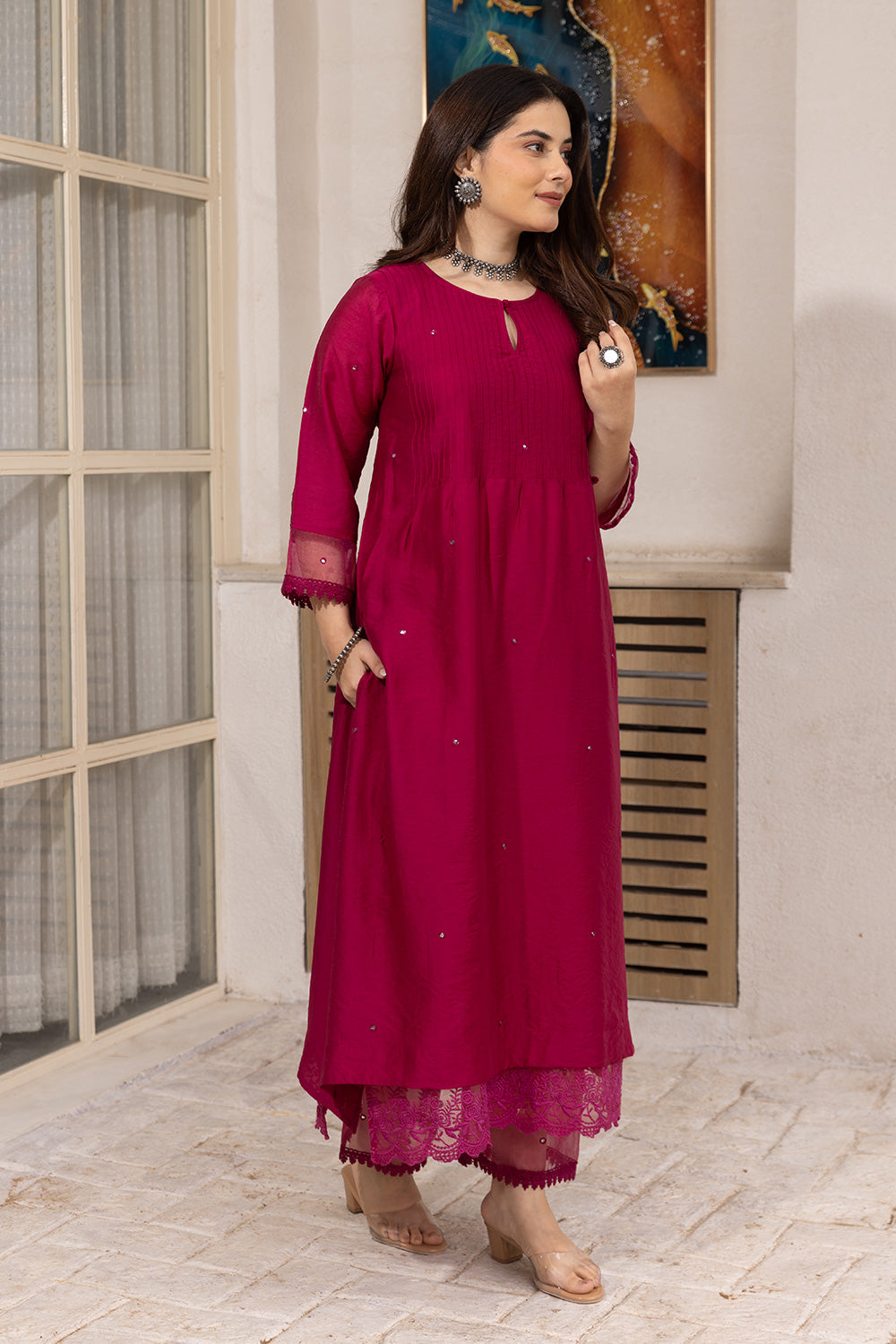 Magenta mirror work chanderi suit with doriya dupatta