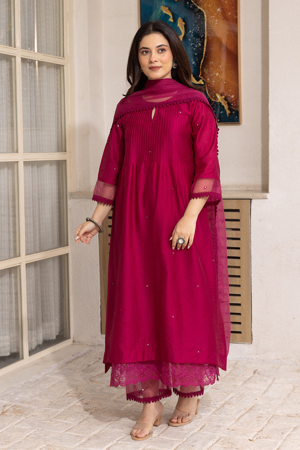 Magenta mirror work chanderi suit with doriya dupatta