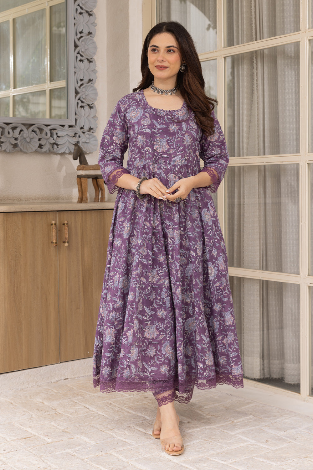 Purple handblock jaal cotton anarkali with doriya dupatta