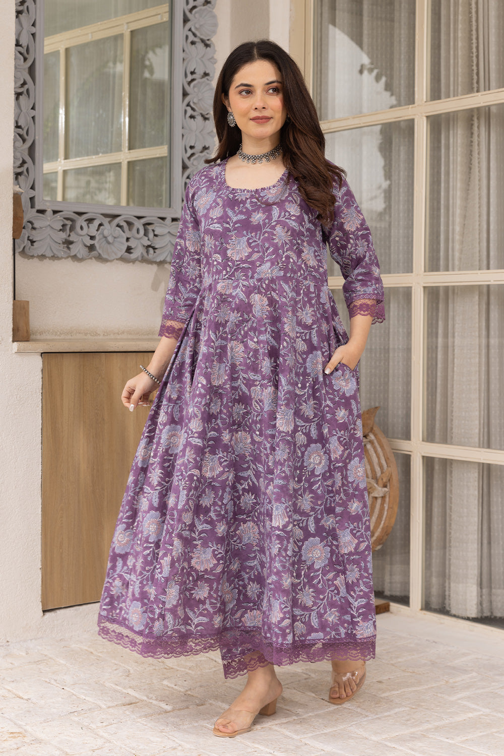 Purple handblock jaal cotton anarkali with doriya dupatta