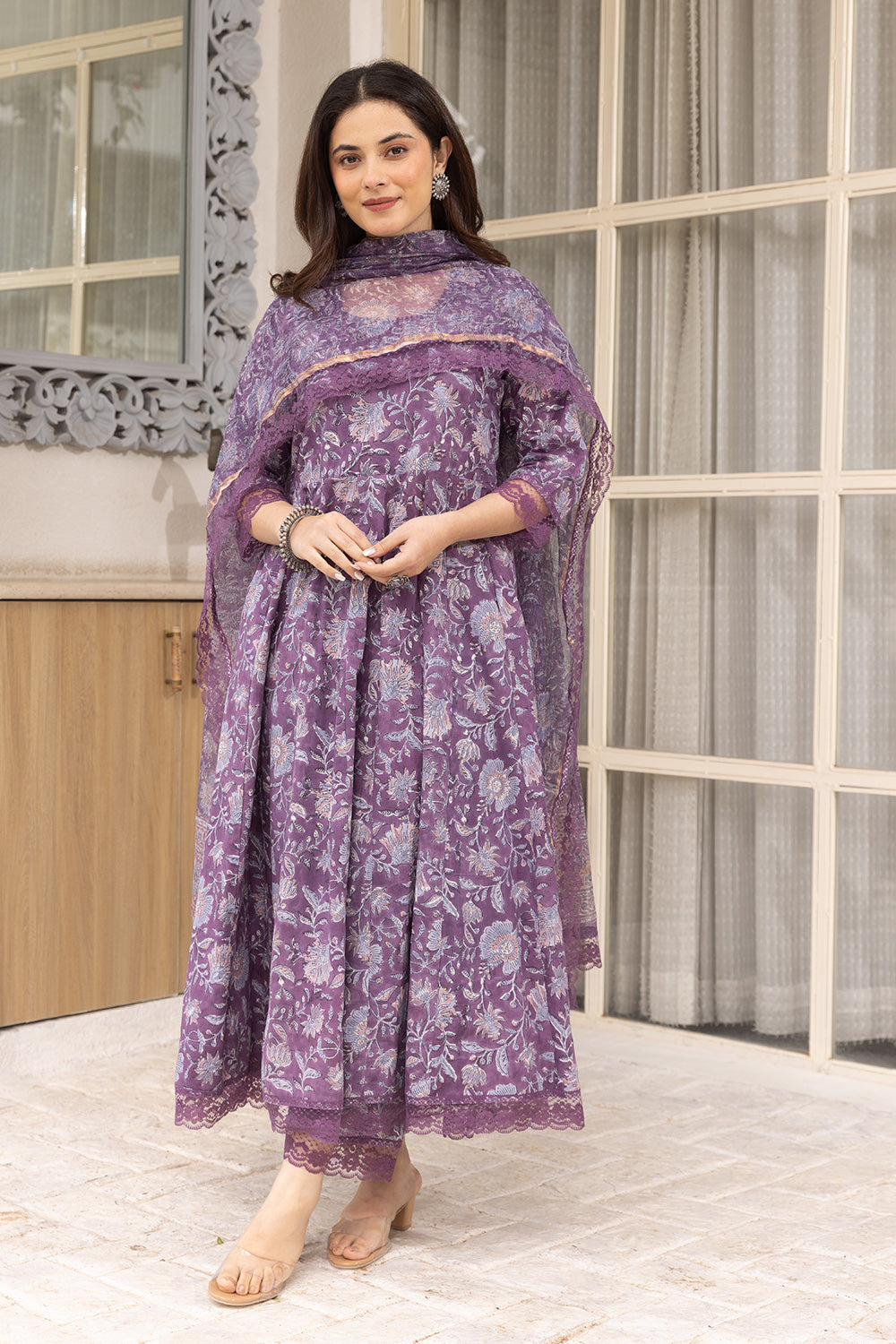 Purple handblock jaal cotton anarkali with doriya dupatta