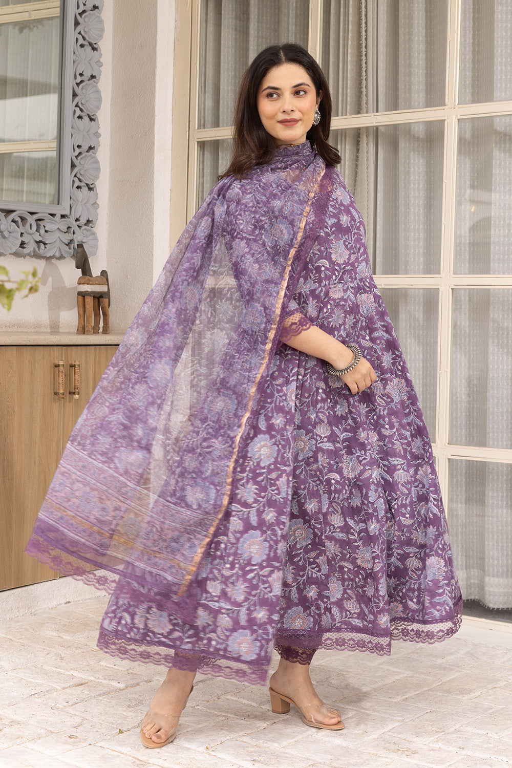 Purple handblock jaal cotton anarkali with doriya dupatta