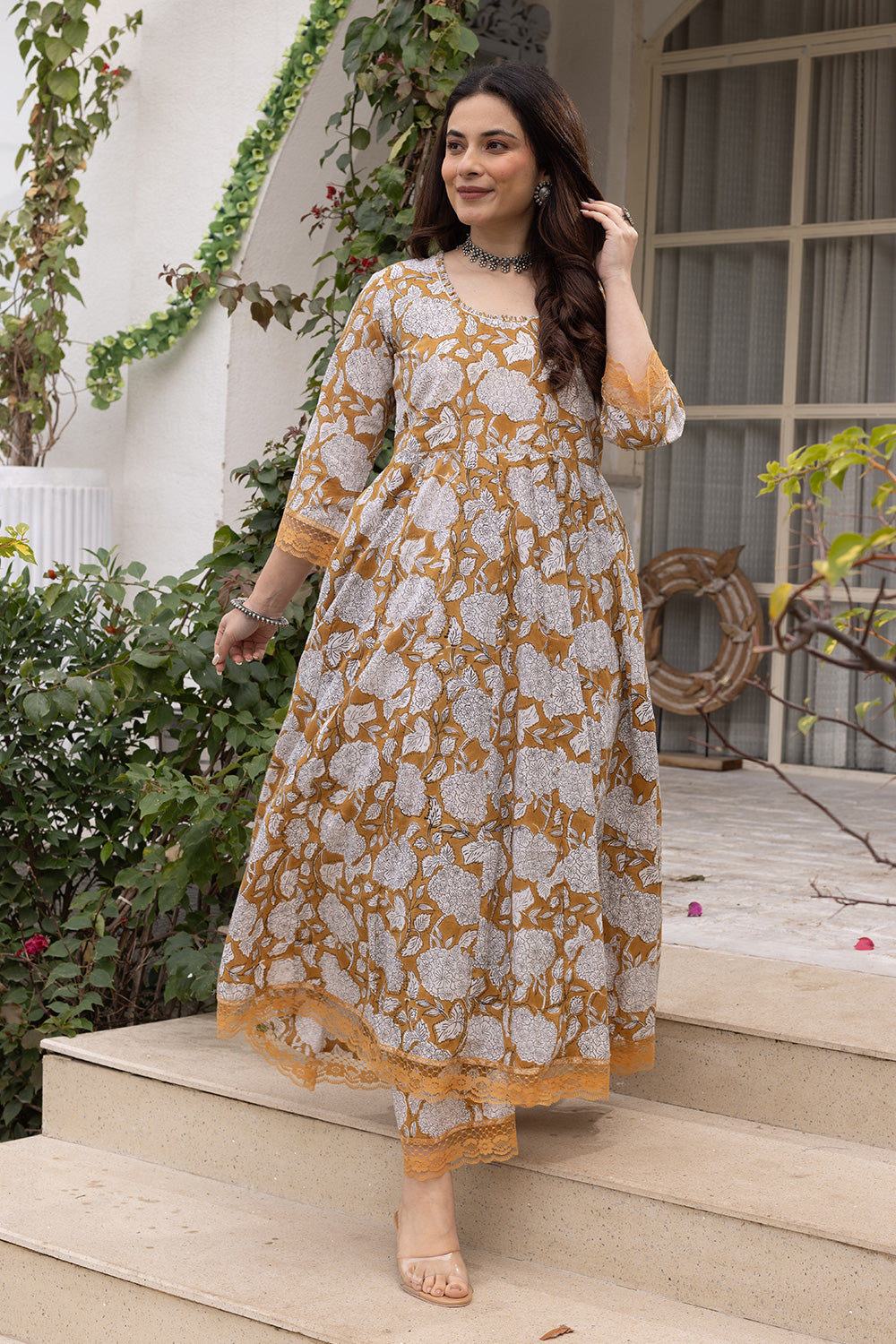 Yellow handblock jaal cotton anarkali with doriya dupatta