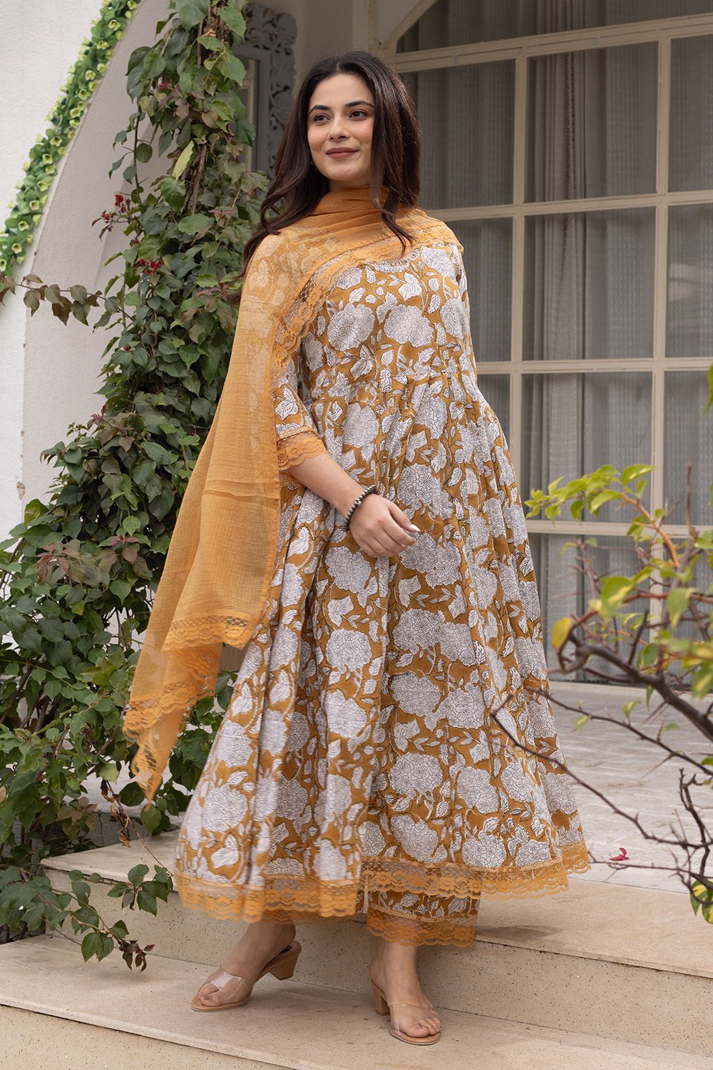 Yellow handblock jaal cotton anarkali with doriya dupatta