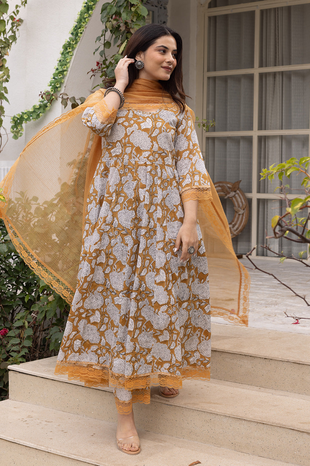 Yellow handblock jaal cotton anarkali with doriya dupatta