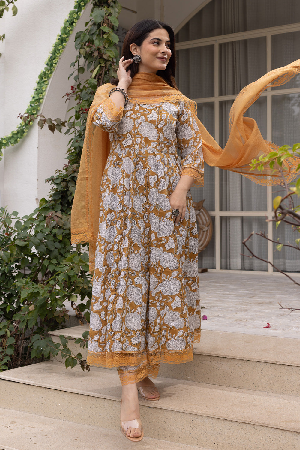 Yellow handblock jaal cotton anarkali with doriya dupatta