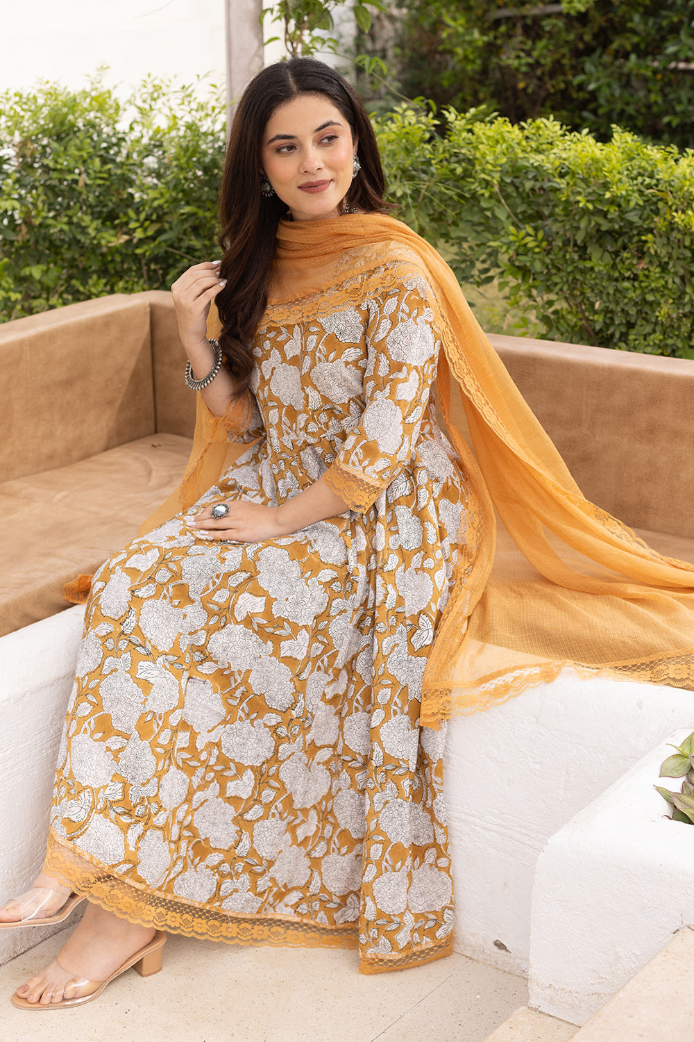 Yellow handblock jaal cotton anarkali with doriya dupatta