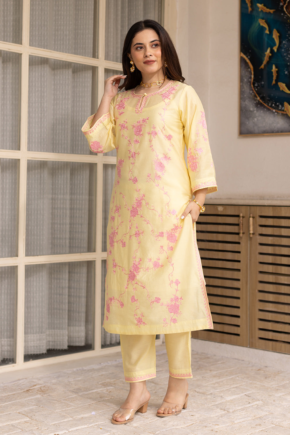 Yellow chanderi pink embroidered suit with matching organza dupatta