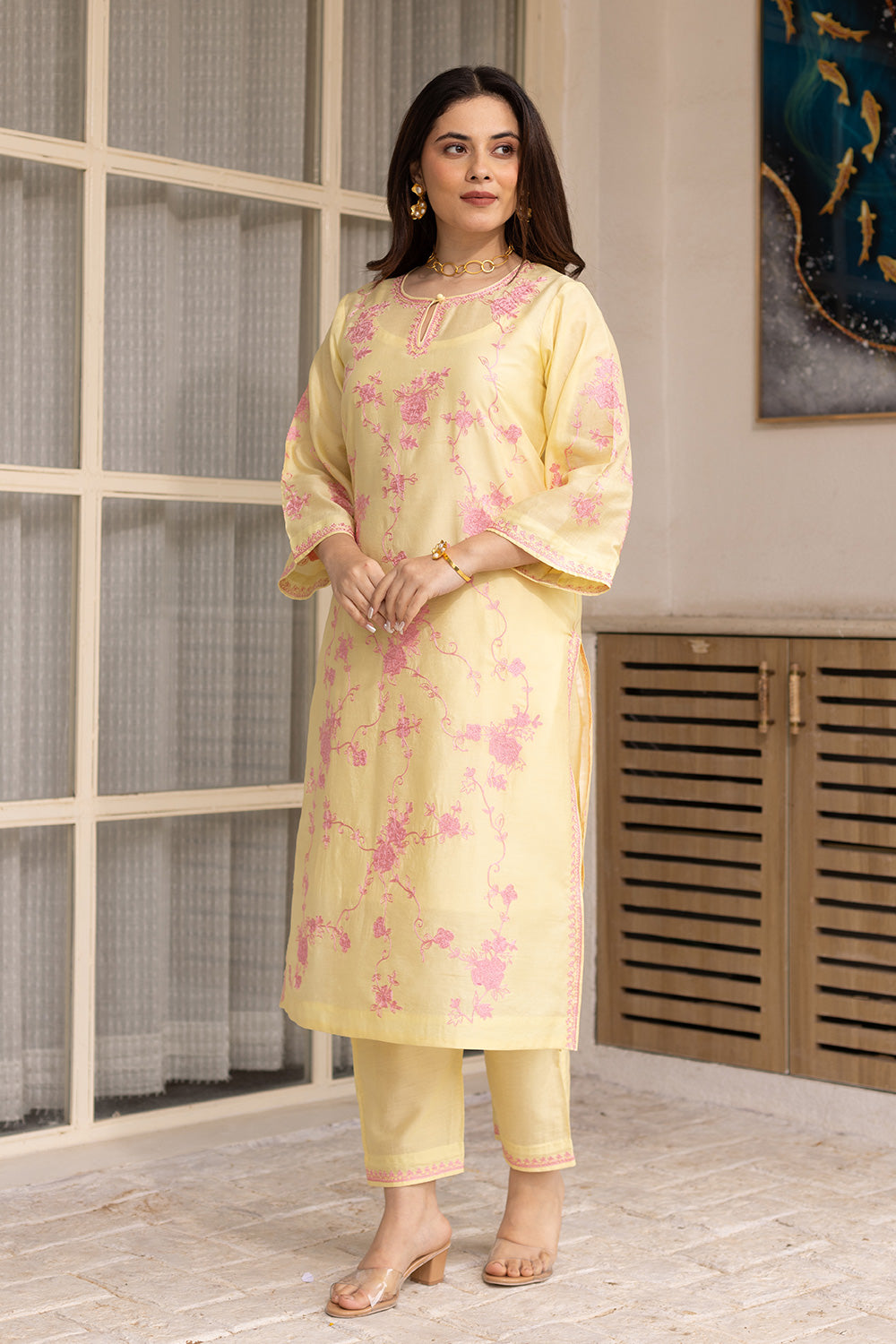 Yellow chanderi pink embroidered suit with matching organza dupatta