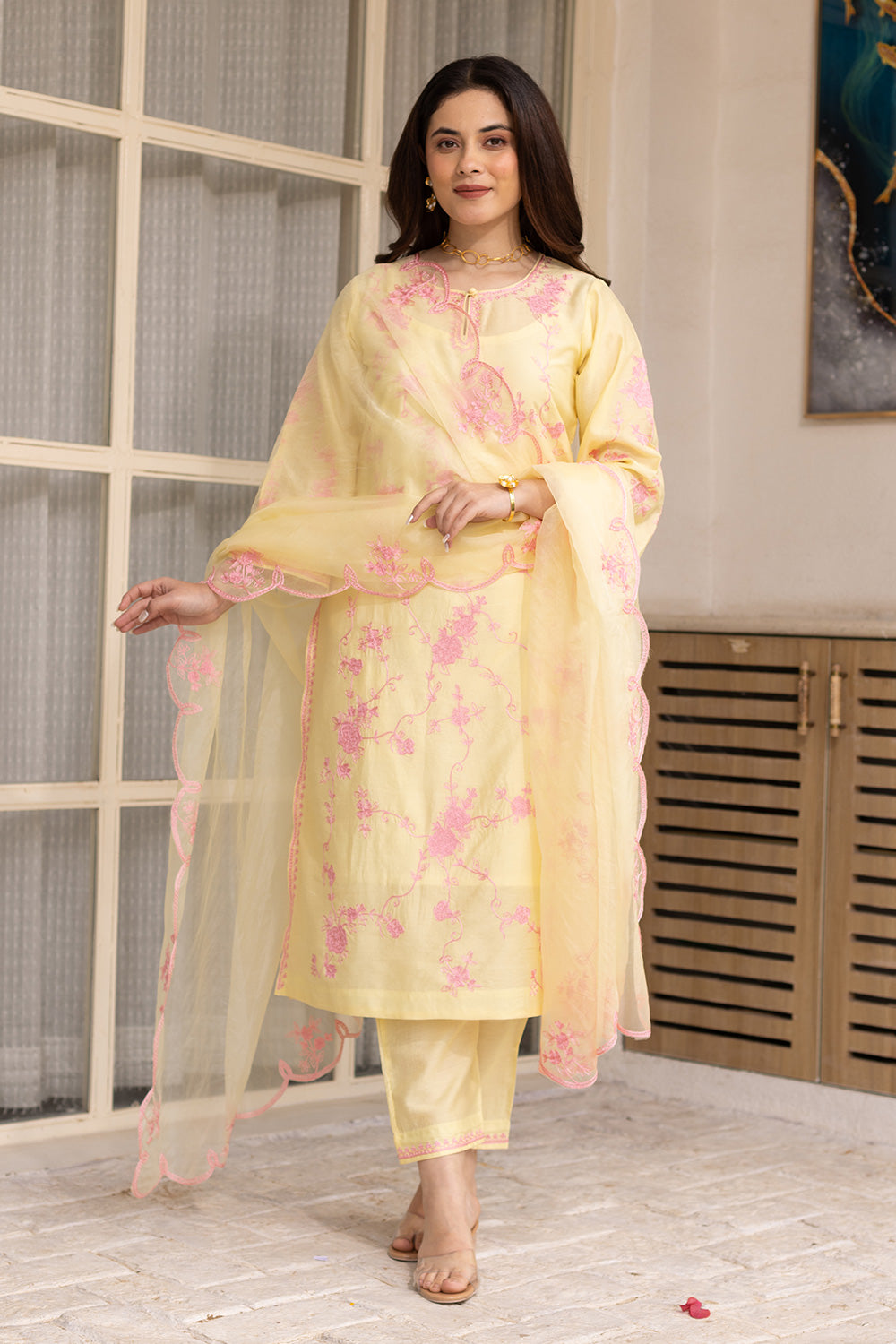 Yellow chanderi pink embroidered suit with matching organza dupatta