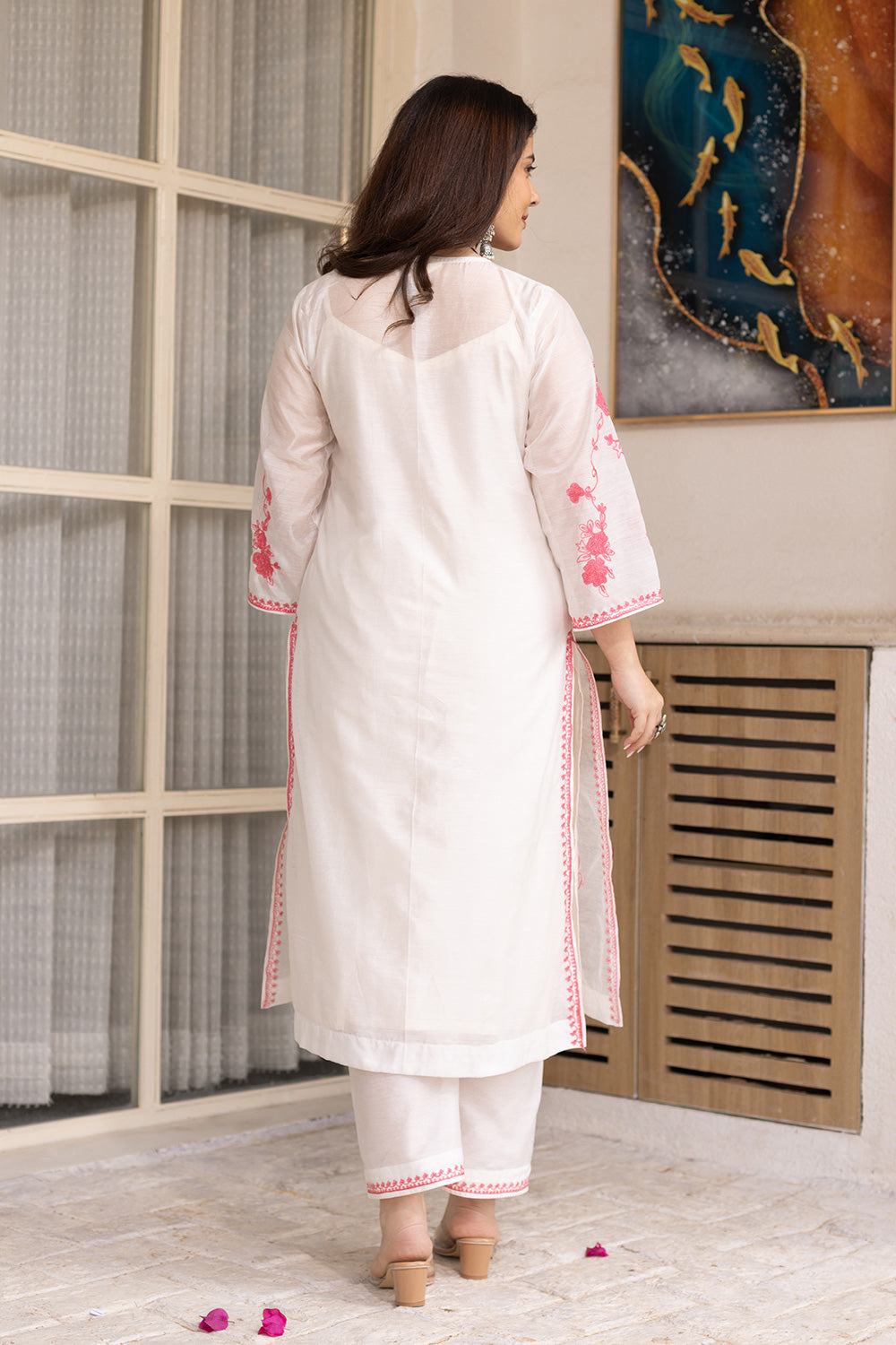 White chanderi pink embroidered suit with matching organza dupatta