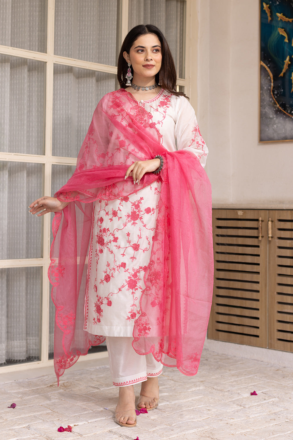 White chanderi pink embroidered suit with matching organza dupatta