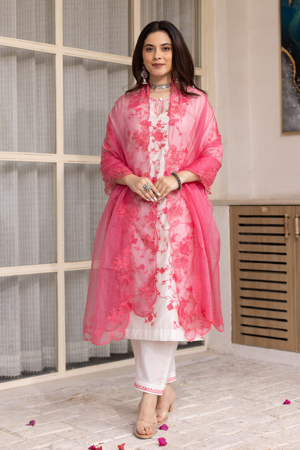 White chanderi pink embroidered suit with matching organza dupatta