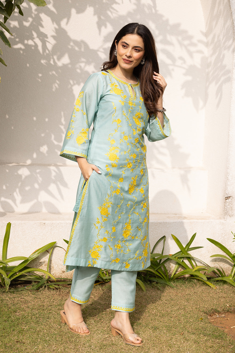 Mint chanderi yellow embroidered suit with matching organza dupatta