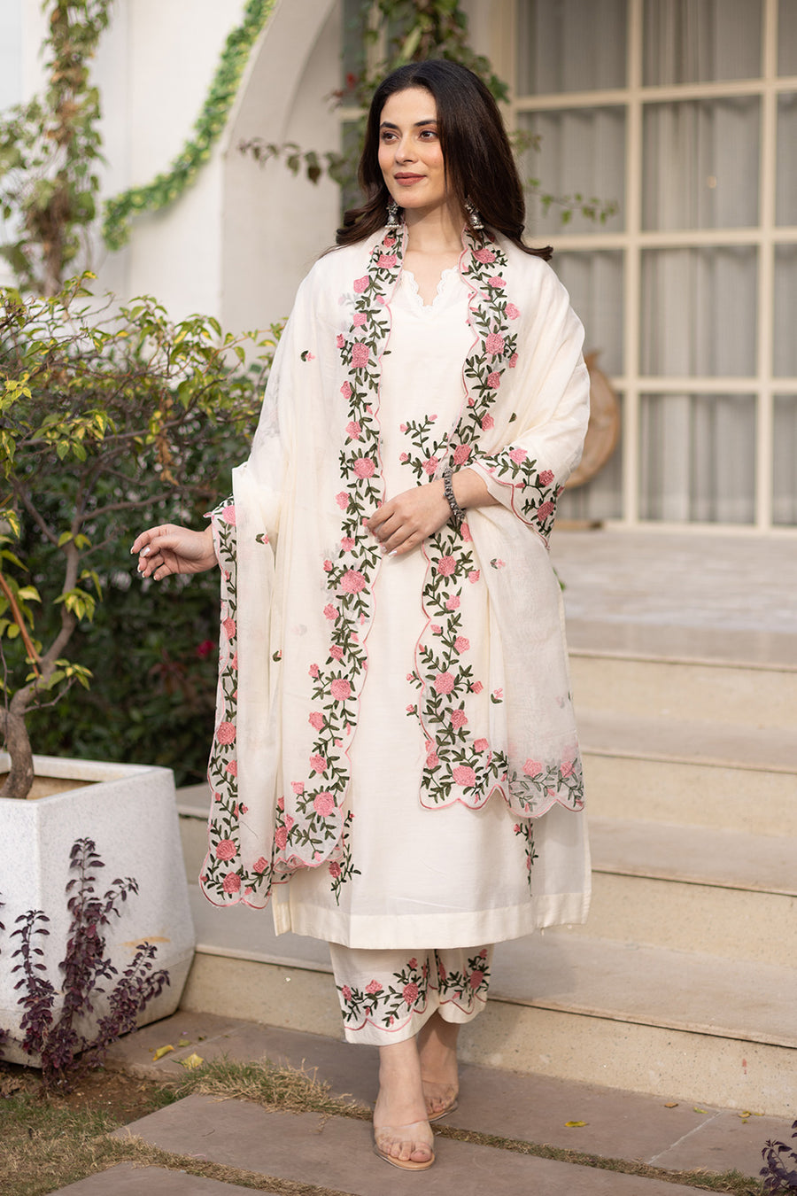 Guldasta ivory chanderi suit set matching chanderi dupatta