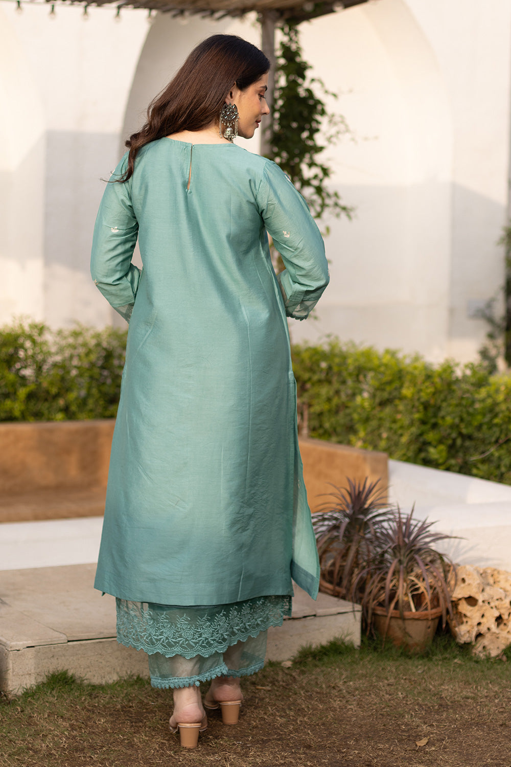 Mint embroidered chanderi suit with doriya dupatta