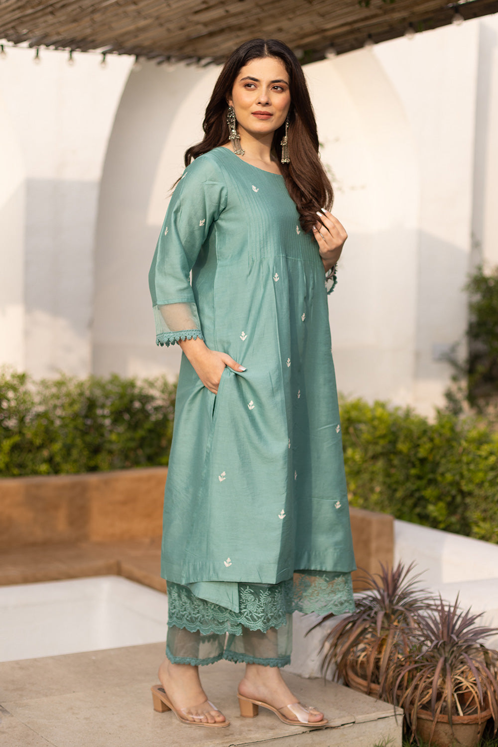 Mint embroidered chanderi suit with doriya dupatta