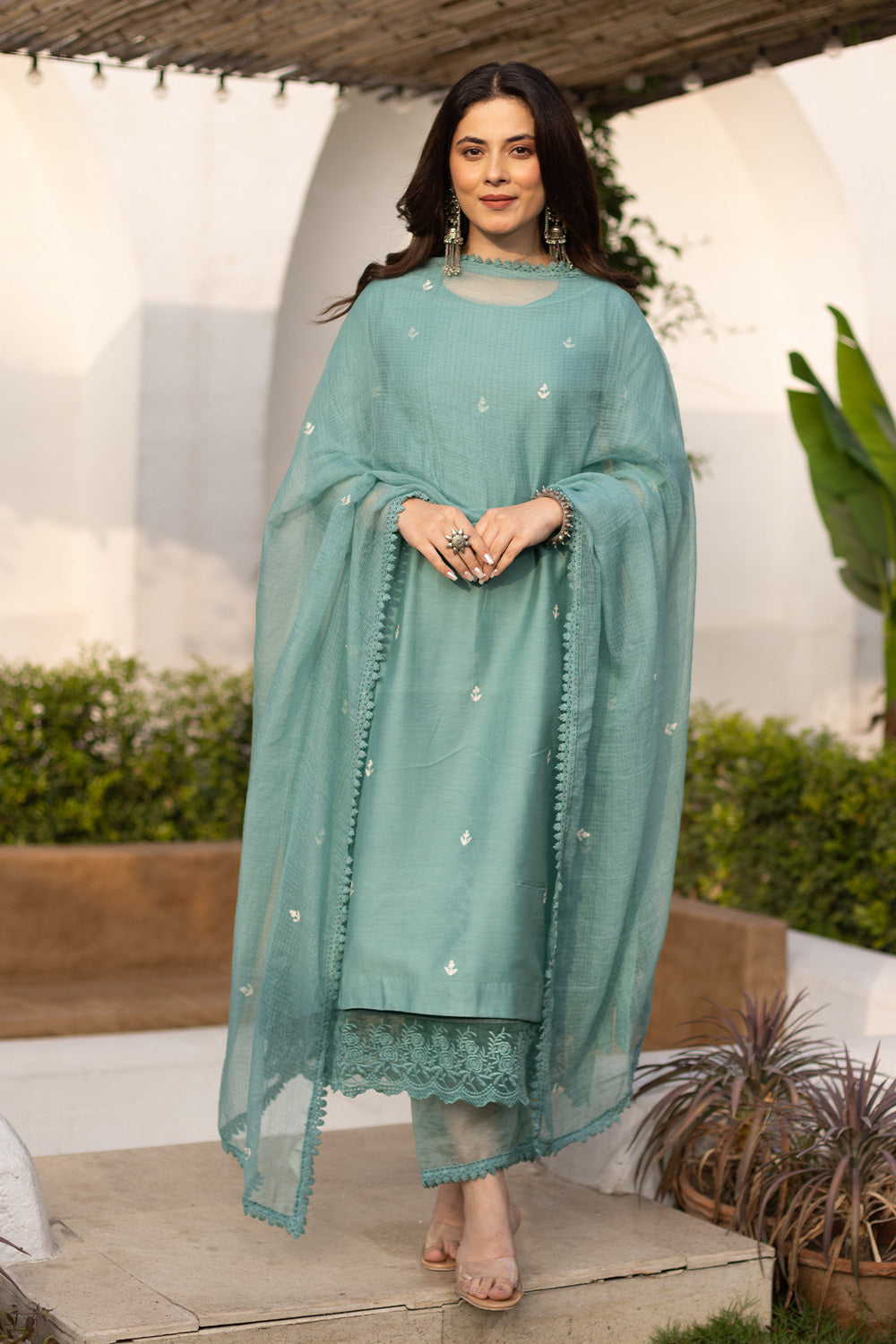 Mint embroidered chanderi suit with doriya dupatta