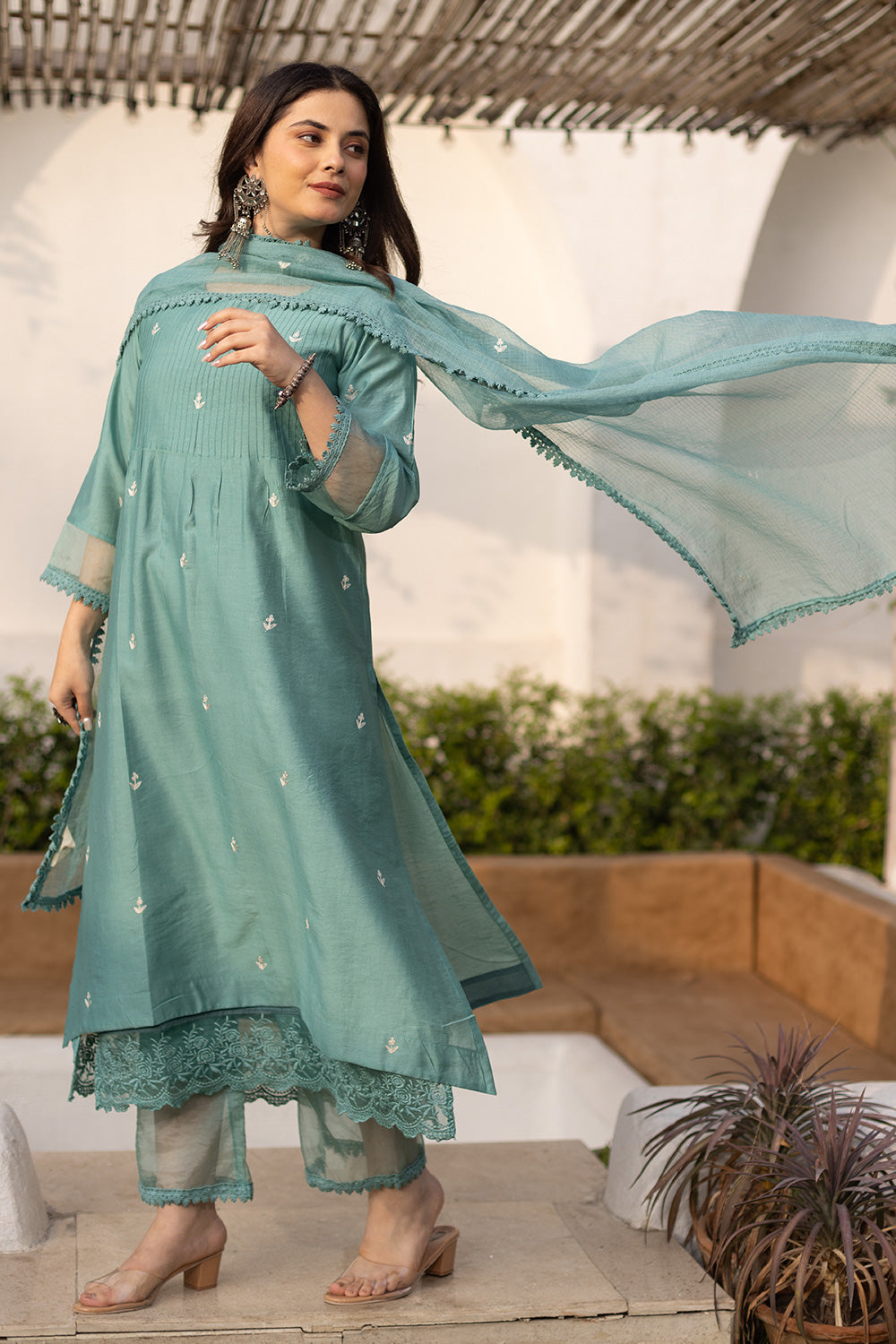 Mint embroidered chanderi suit with doriya dupatta