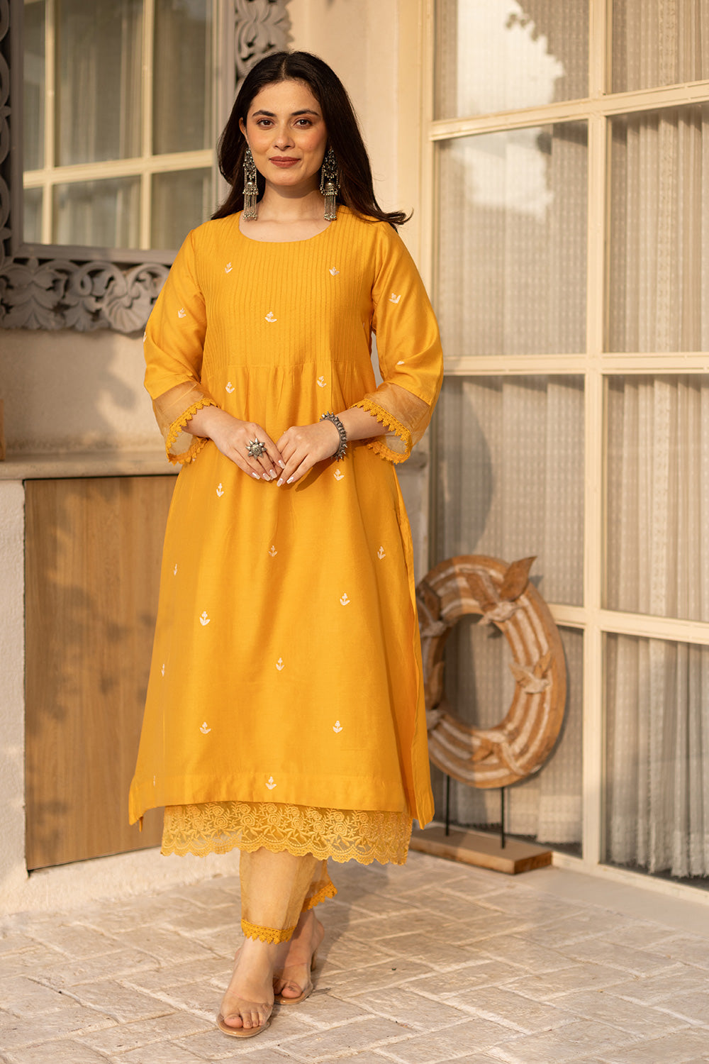 Yellow embroidered chanderi suit with doriya dupatta