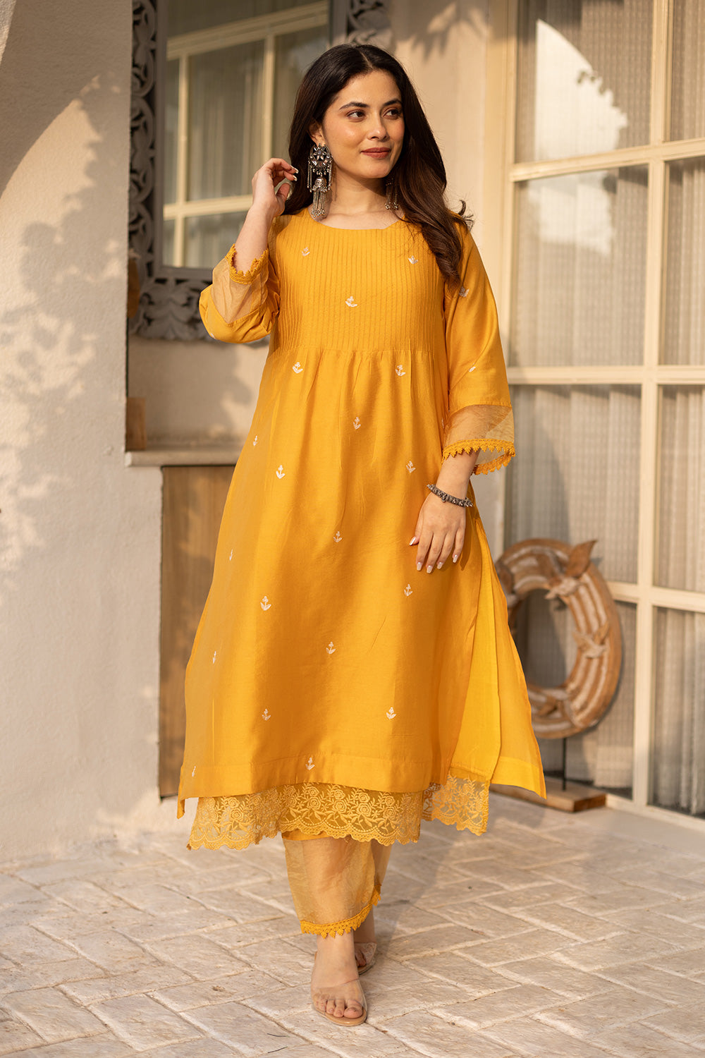 Yellow embroidered chanderi suit with doriya dupatta