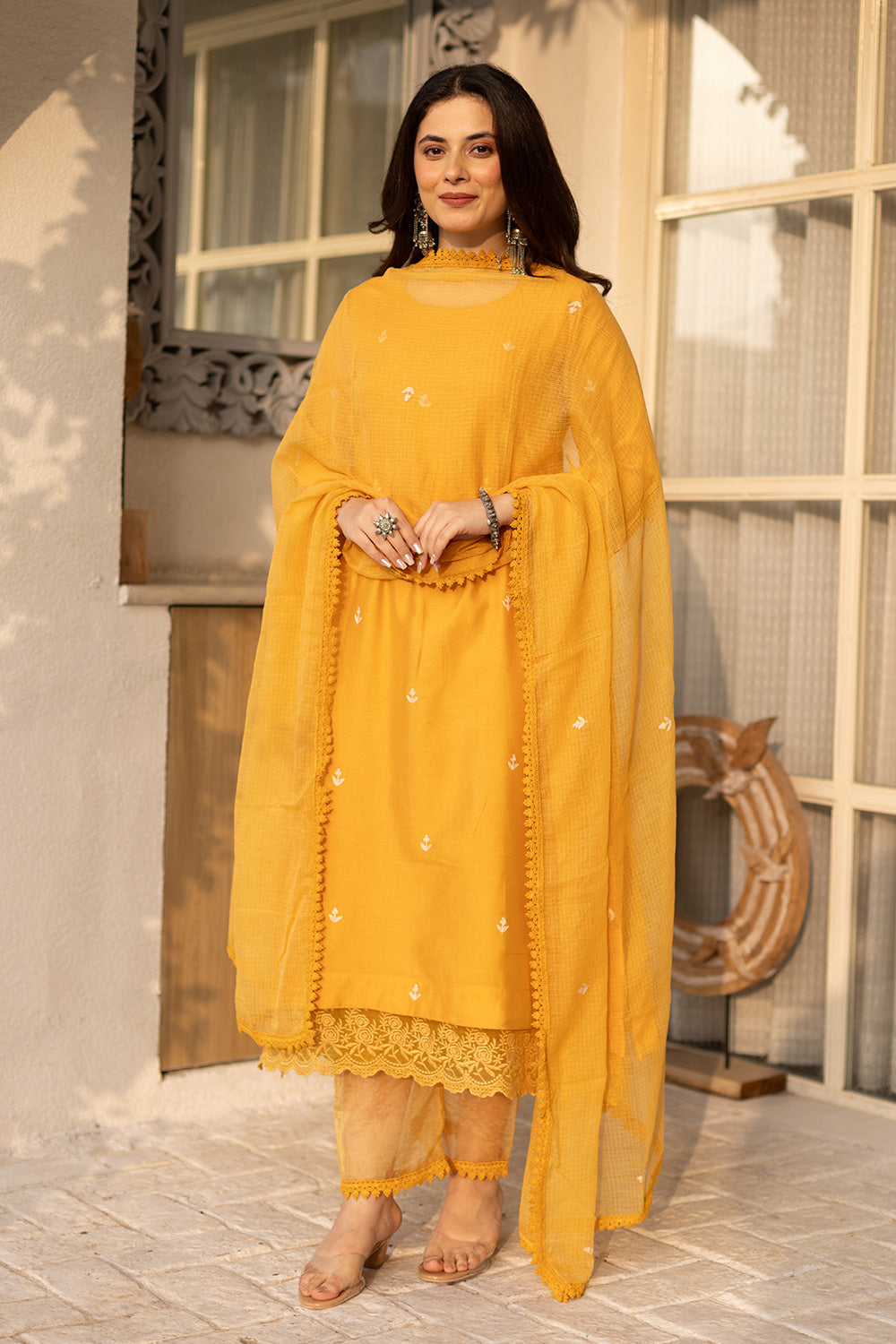 Yellow embroidered chanderi suit with doriya dupatta