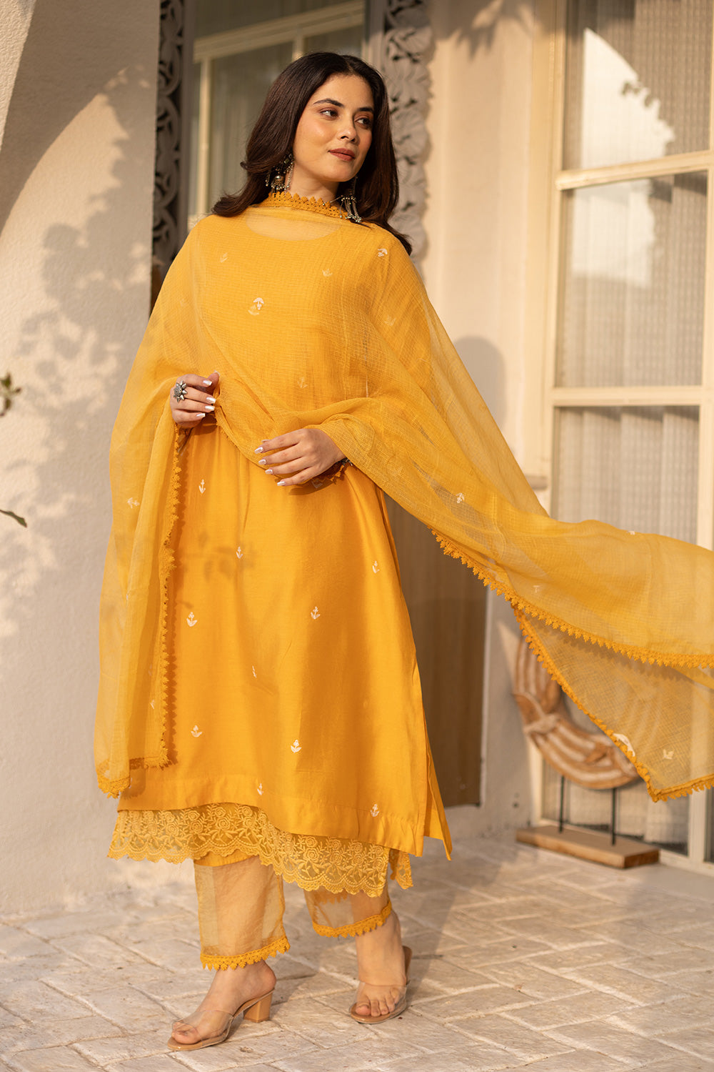 Yellow embroidered chanderi suit with doriya dupatta