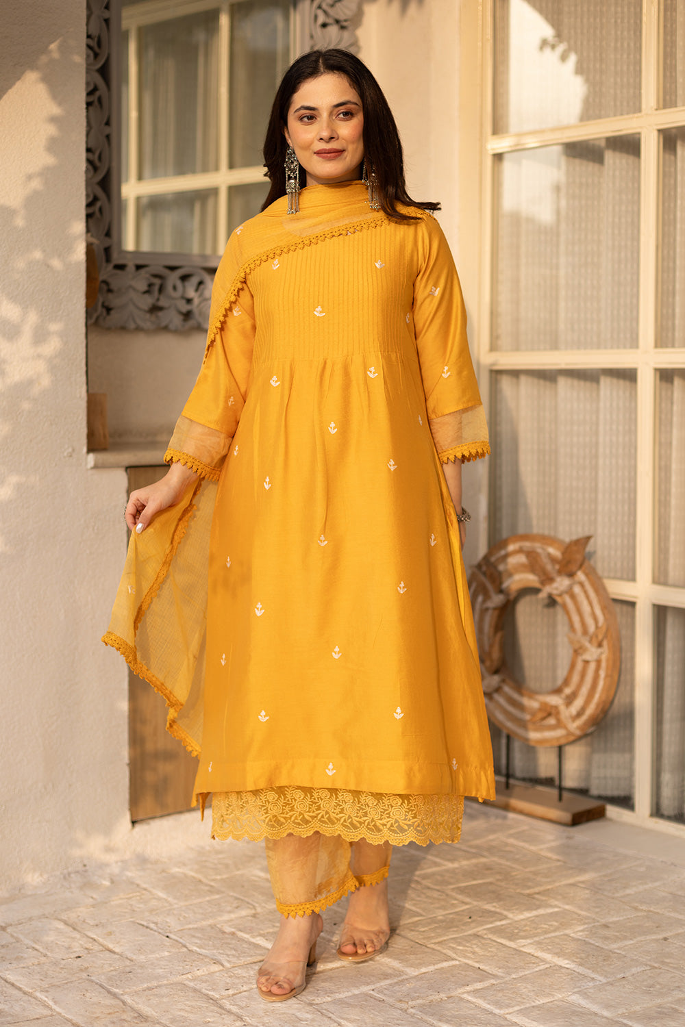 Yellow embroidered chanderi suit with doriya dupatta