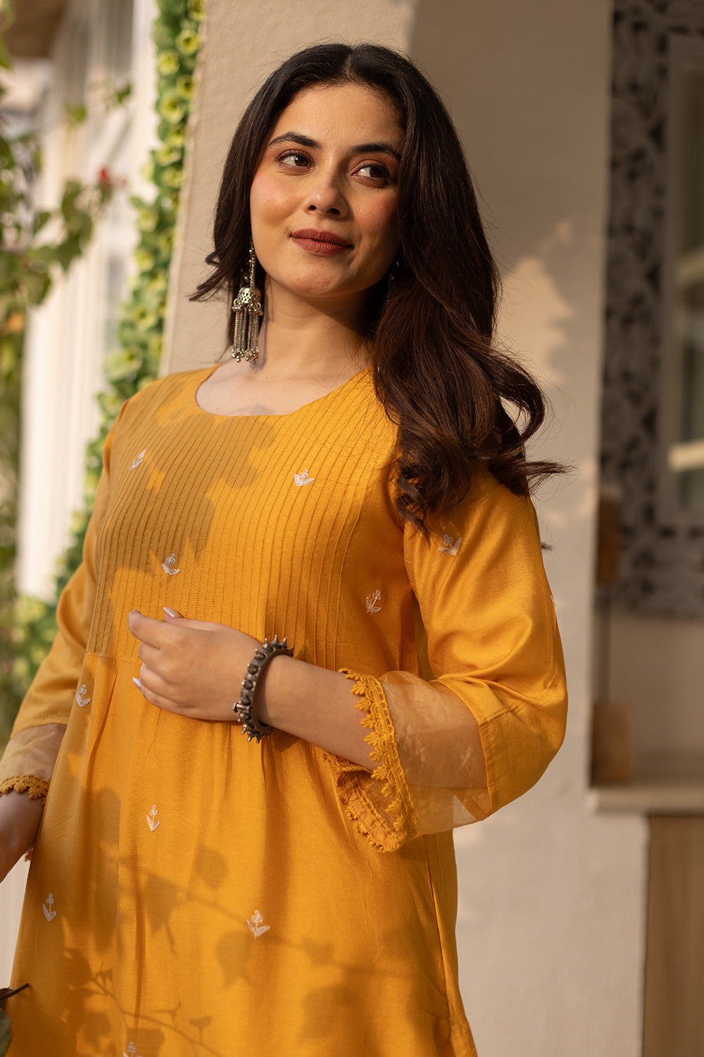 Yellow embroidered chanderi suit with doriya dupatta