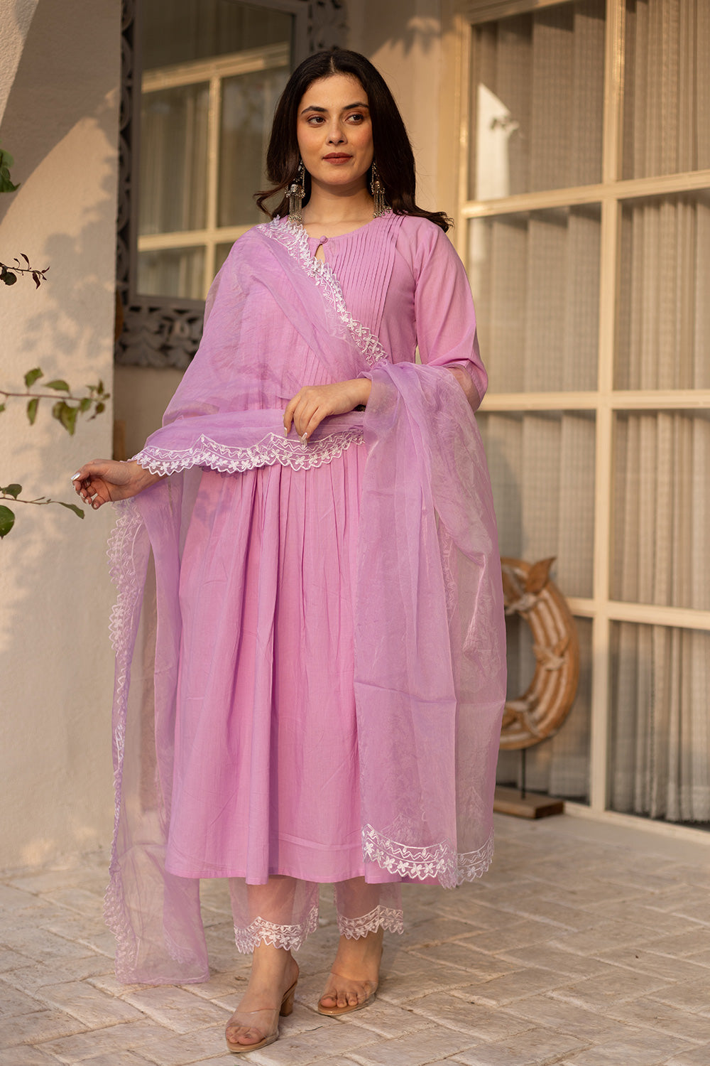 Purple cotton suit with an embroidered scalloped organza dupatta