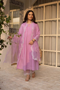 Purple cotton suit with an embroidered scalloped organza dupatta