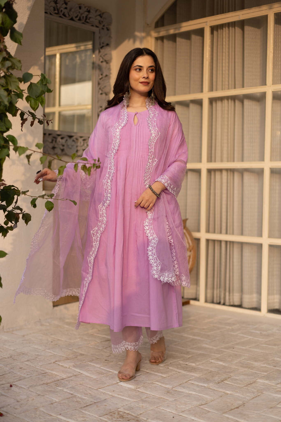 Purple cotton suit with an embroidered scalloped organza dupatta