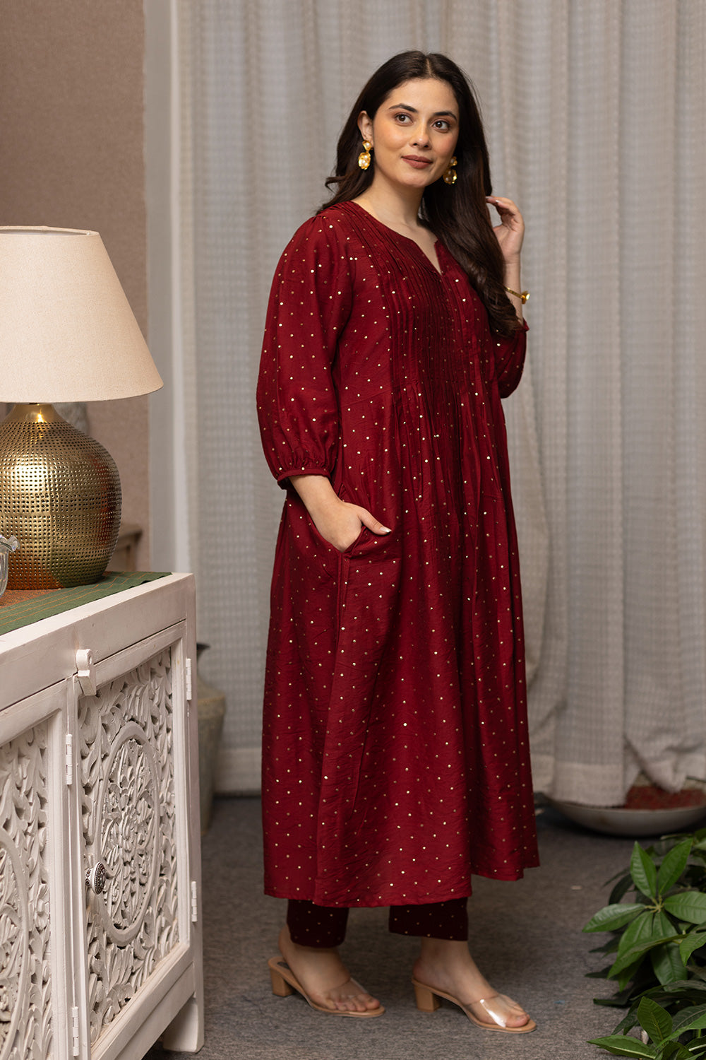 Maroon mukaish work chanderi suit with organza dupatta