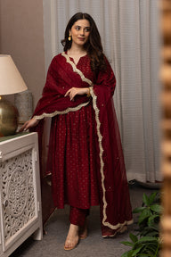 Maroon mukaish work chanderi suit with organza dupatta