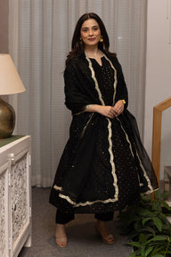 Black mukaish work chanderi suit with organza dupatta