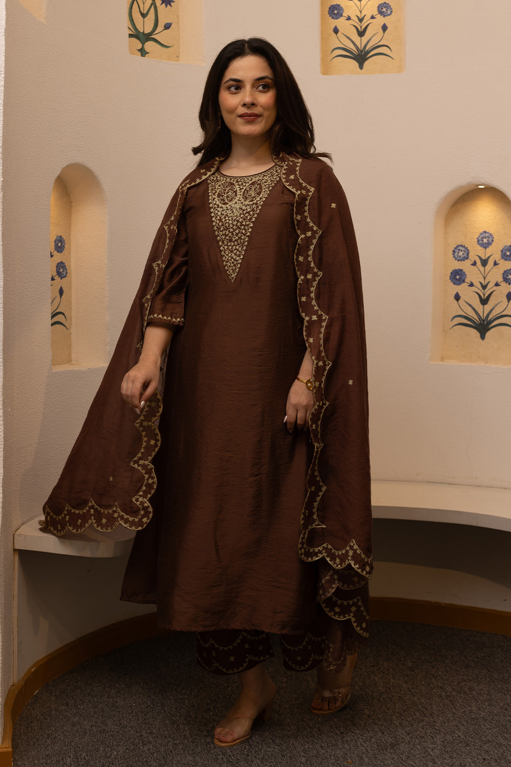 Brown zari work chanderi suit set