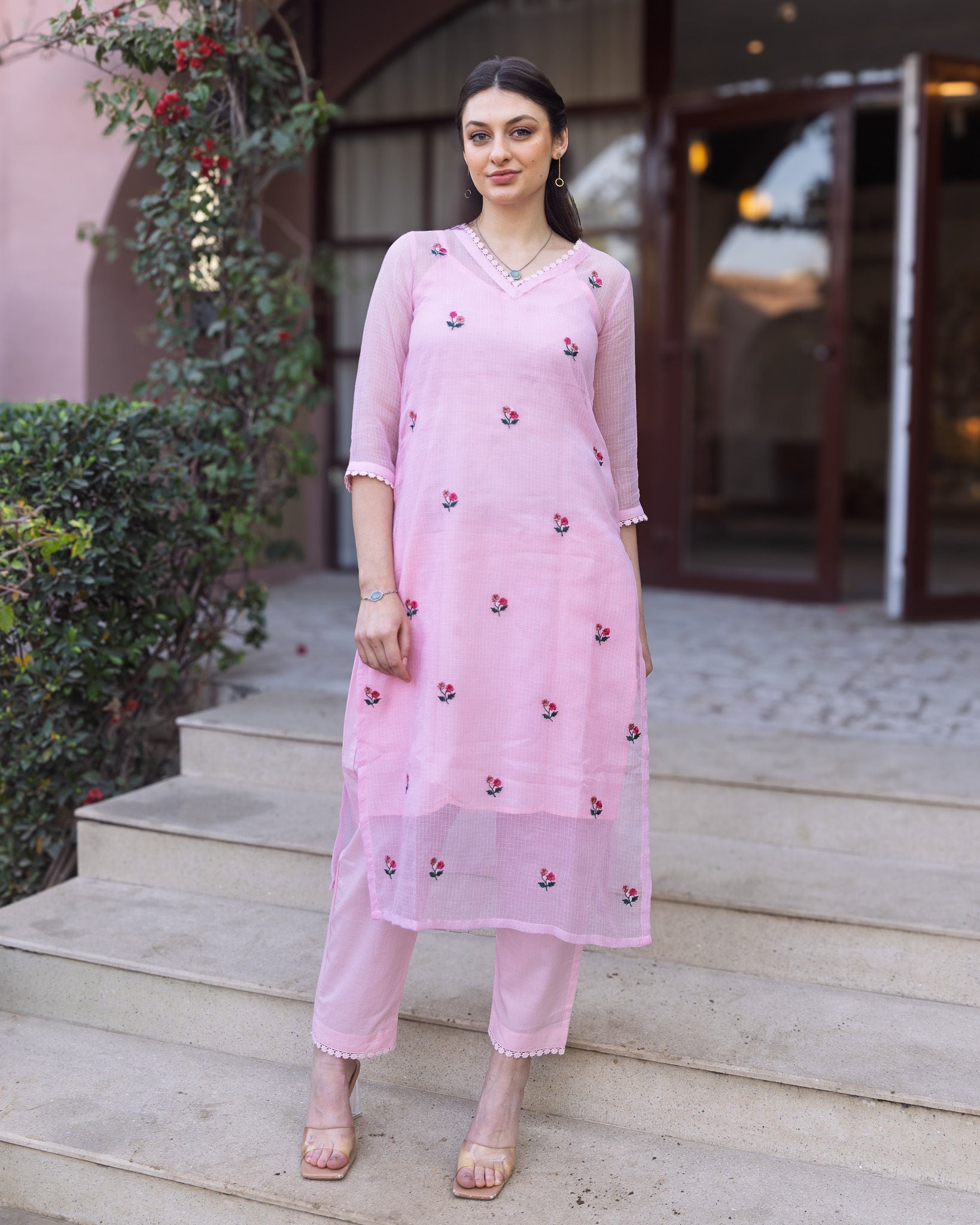 Light Pink Doriya Embroidered Kurti with Dupatta Suit set