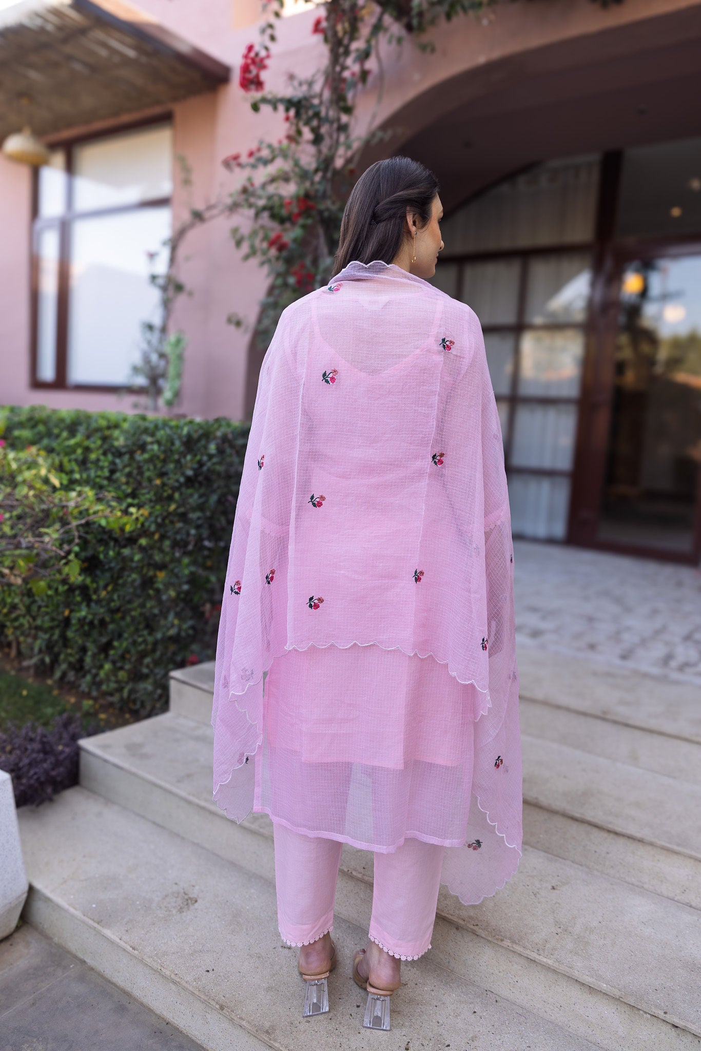 Light Pink Doriya Embroidered Kurti with Dupatta Suit set