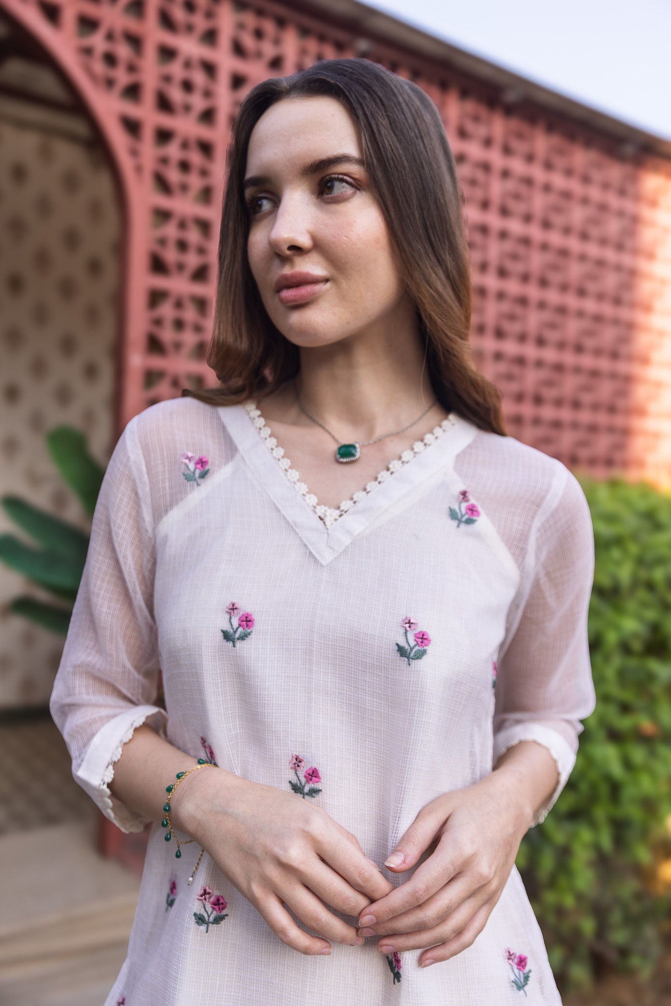 Off White Doriya Embroidered Kurti with Dupatta Suit set