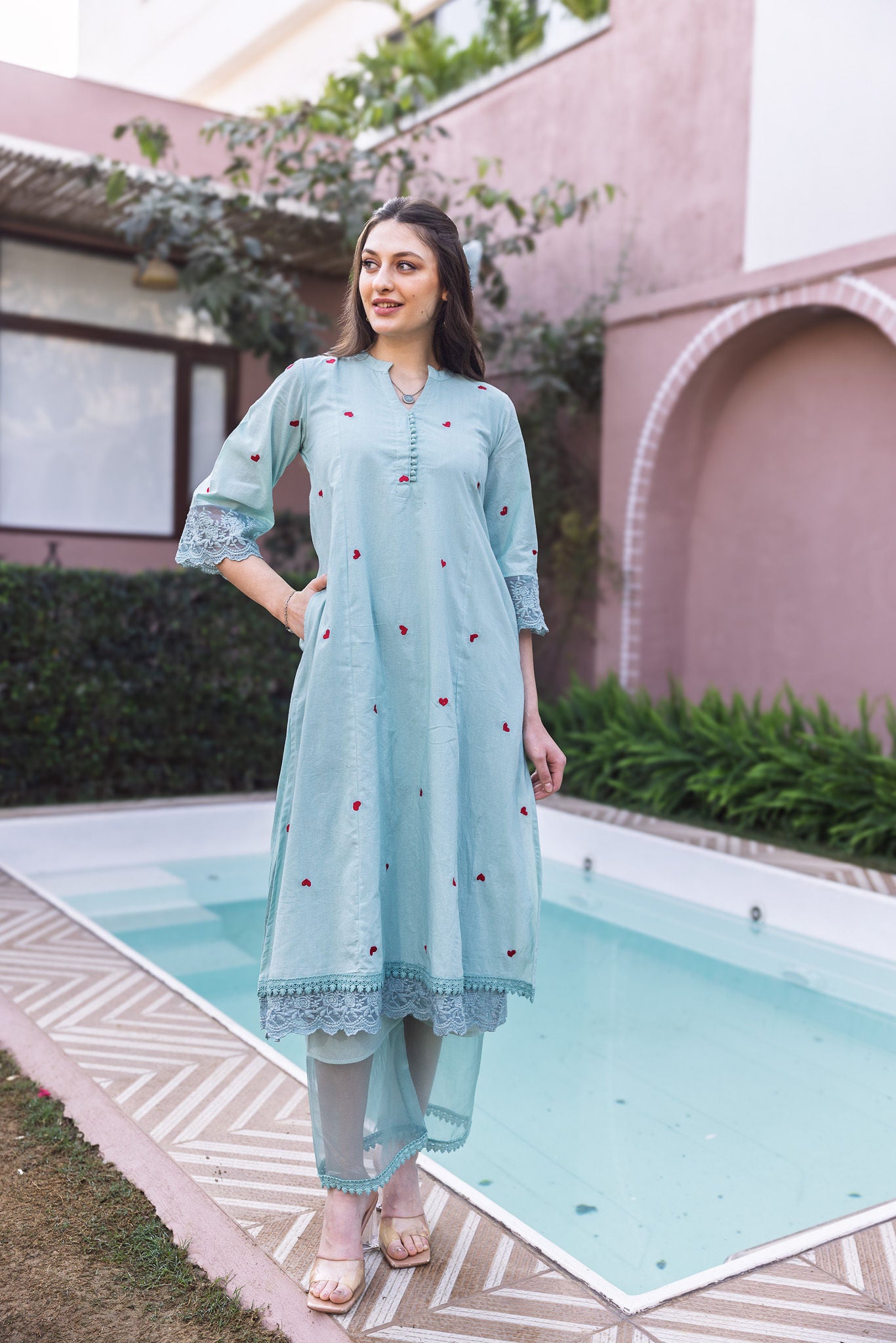 Mint Cottan Red Heart Embroidred straight Set