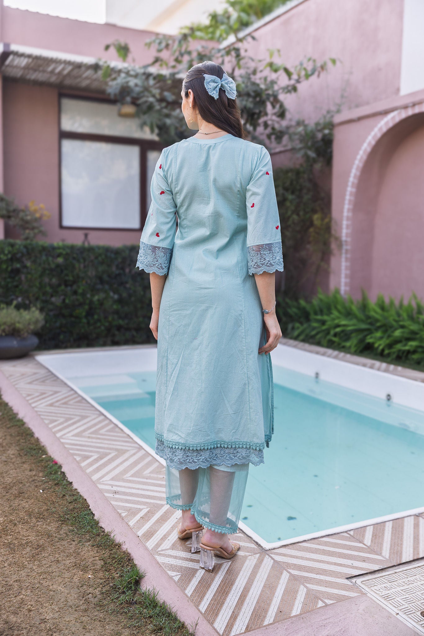 Mint Cottan Red Heart Embroidred straight Set