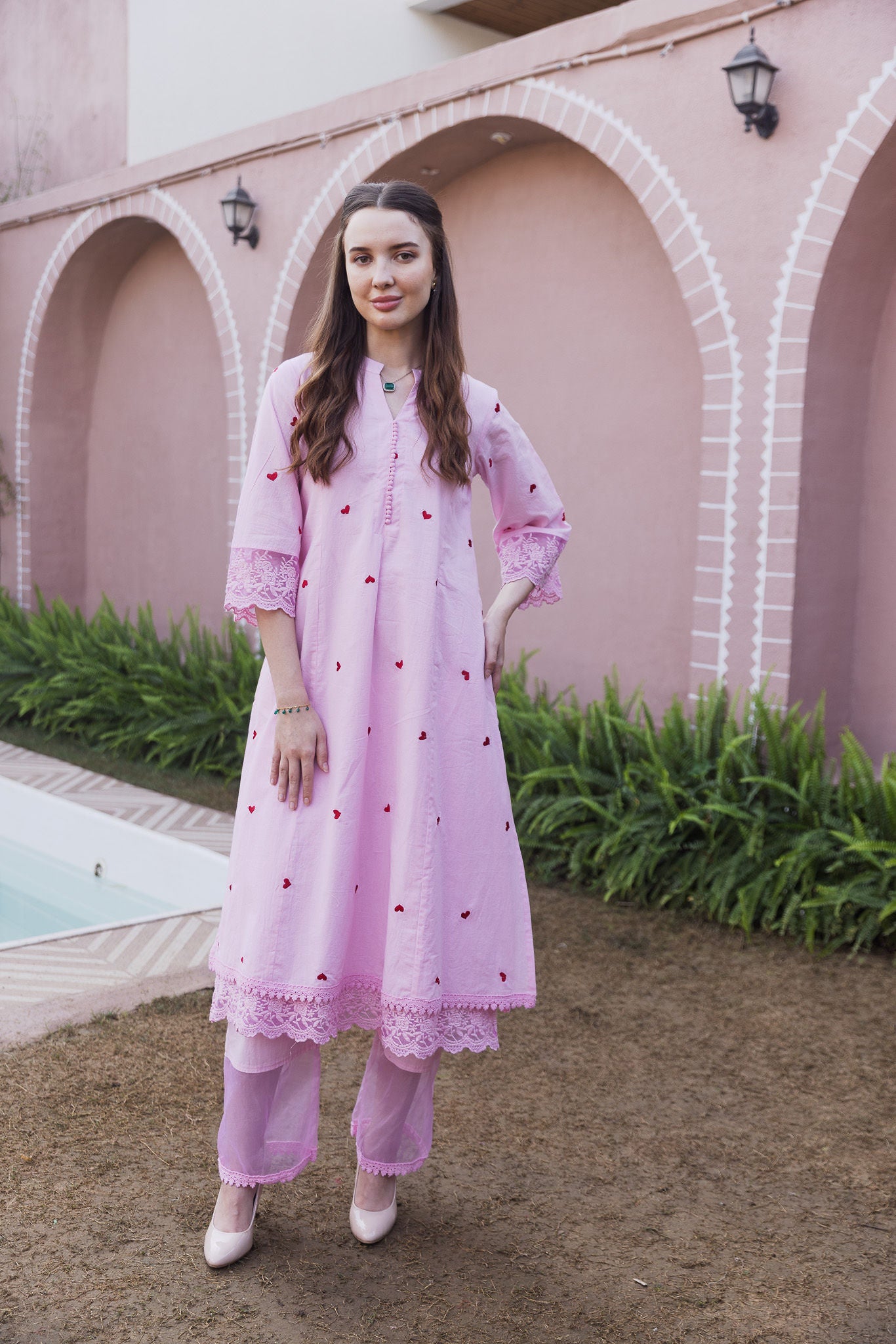 Light Pink Cottan Red Heart Embroidered Straight Set