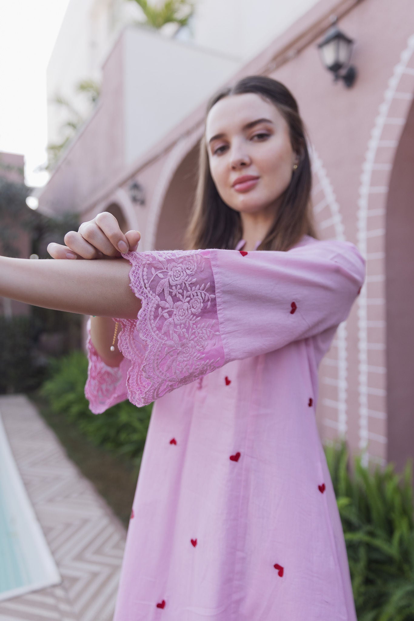 Light Pink Cottan Red Heart Embroidered Straight Set