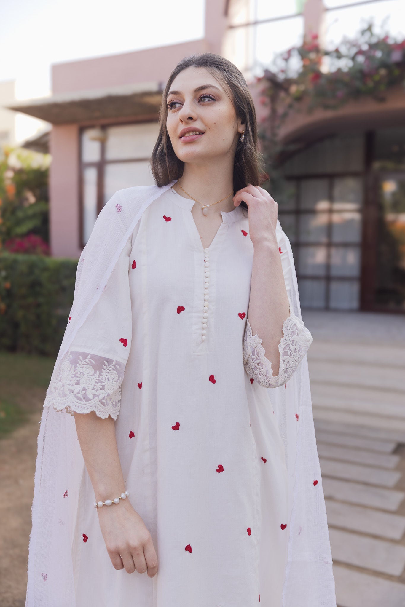 Off White Cottan Red Heart Embroidered Straight Set