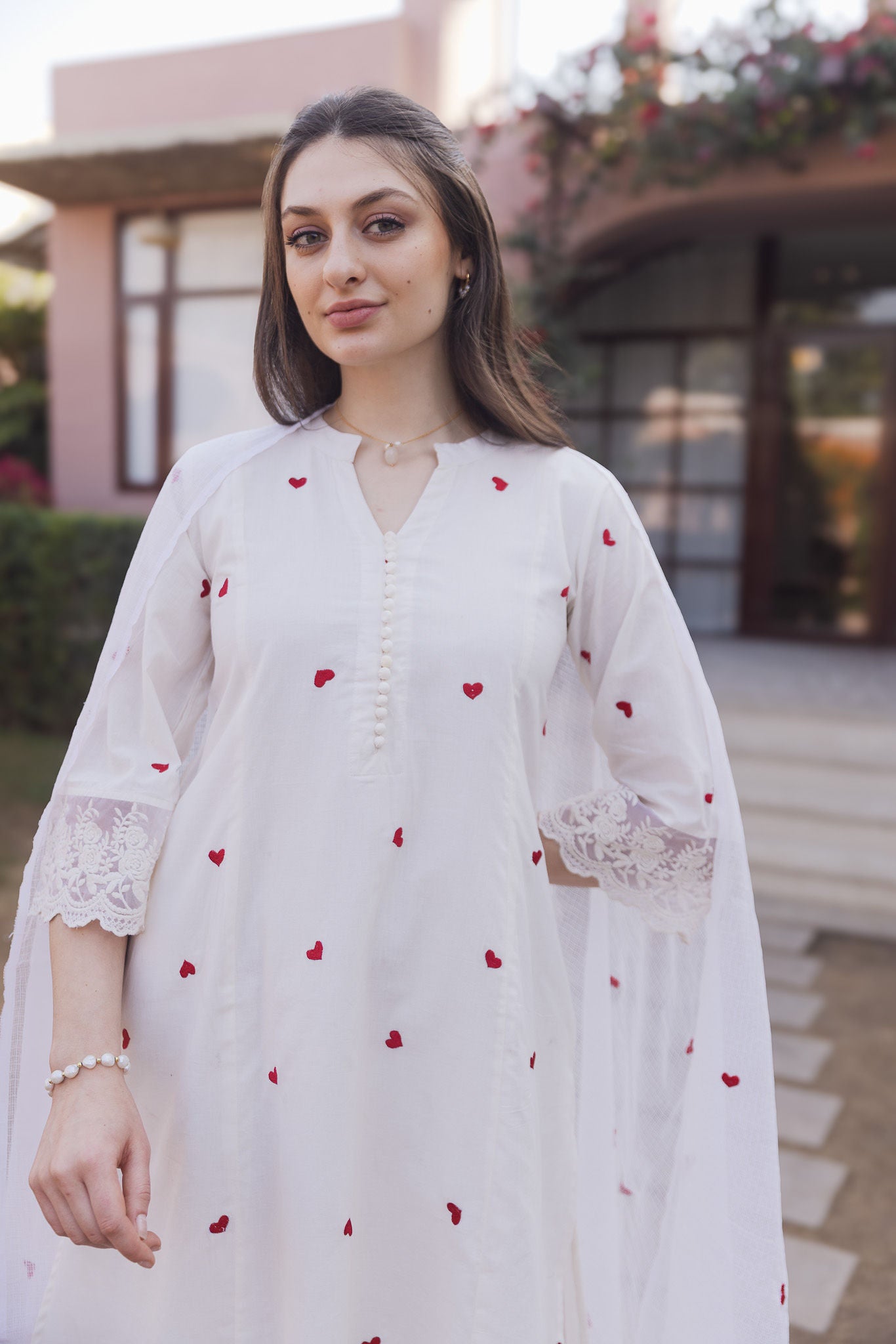 Off White Cottan Red Heart Embroidered Straight Set