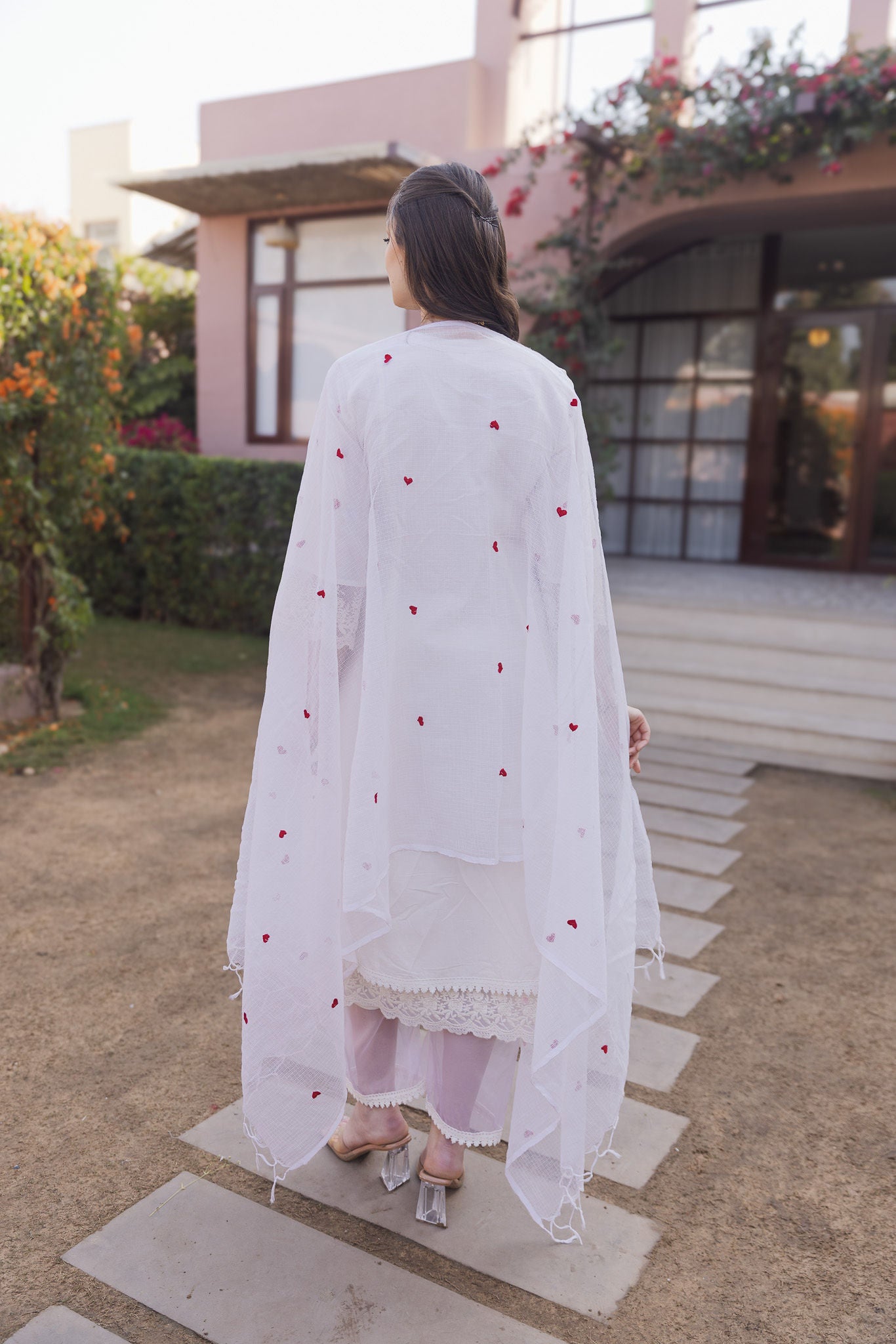 Off White Cottan Red Heart Embroidered Straight Set